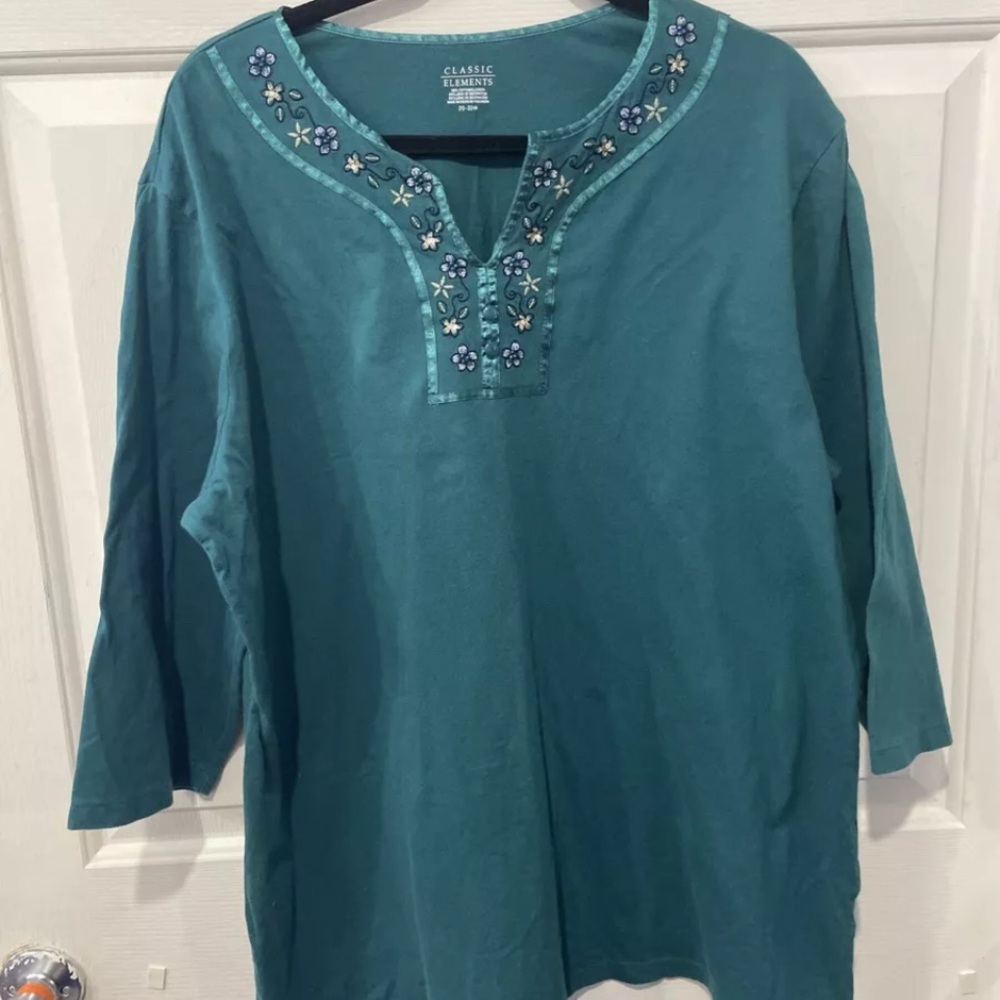 Classic Elements Teal Embroidered Women's Top